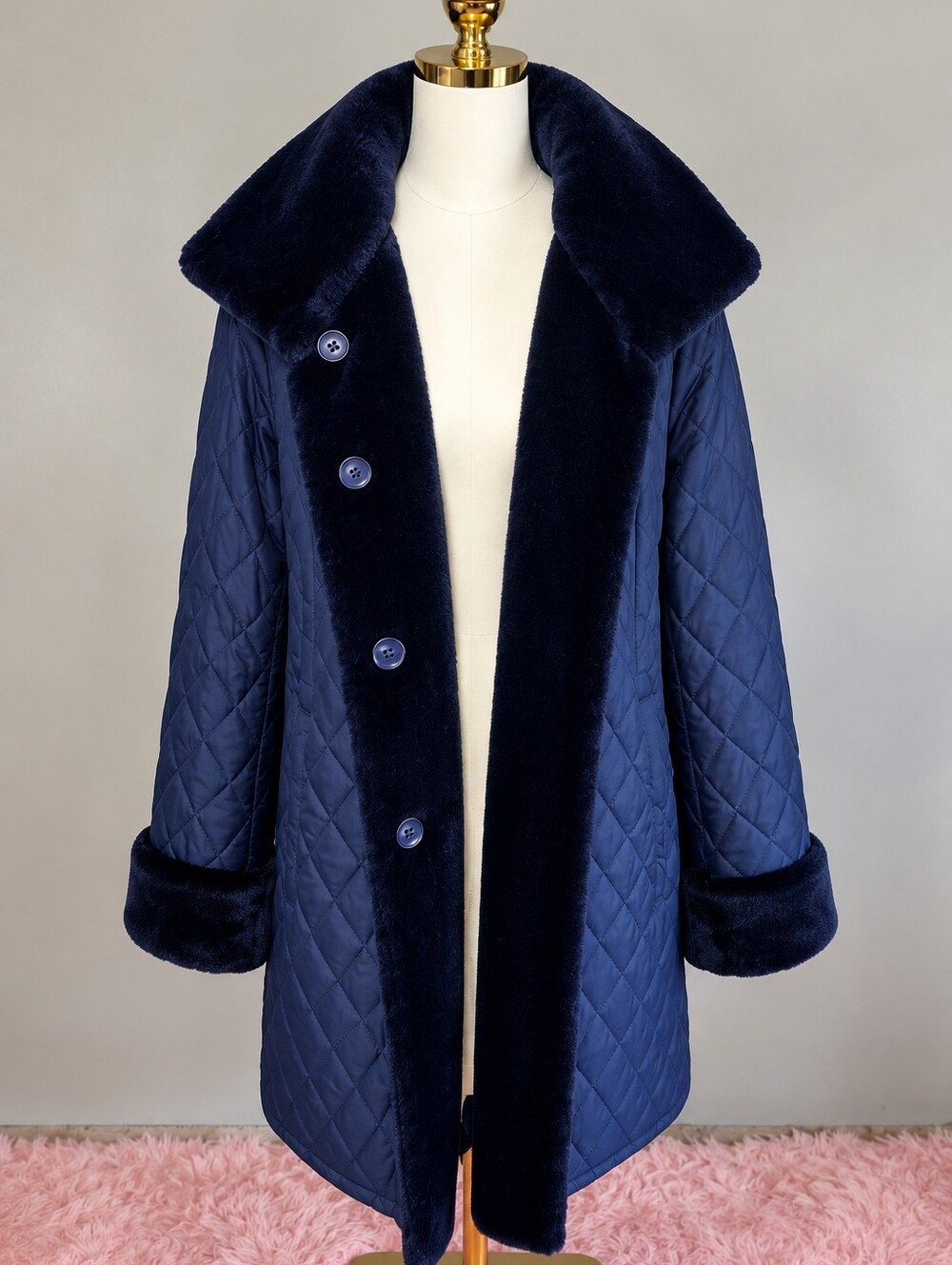 Dennis Basso Navy Quilted Faux Fur Hooded Winter Coat Jacket M